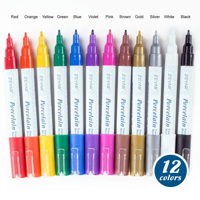 ZEYAR Acrylic Paint Pens for Porcelain, Professional Ceramic Drawing, 12 colors Water-based, Fine Point, Water and Fade Resistant, DIY on Mugs and other Ceramics for Permanent Collection - Image 2